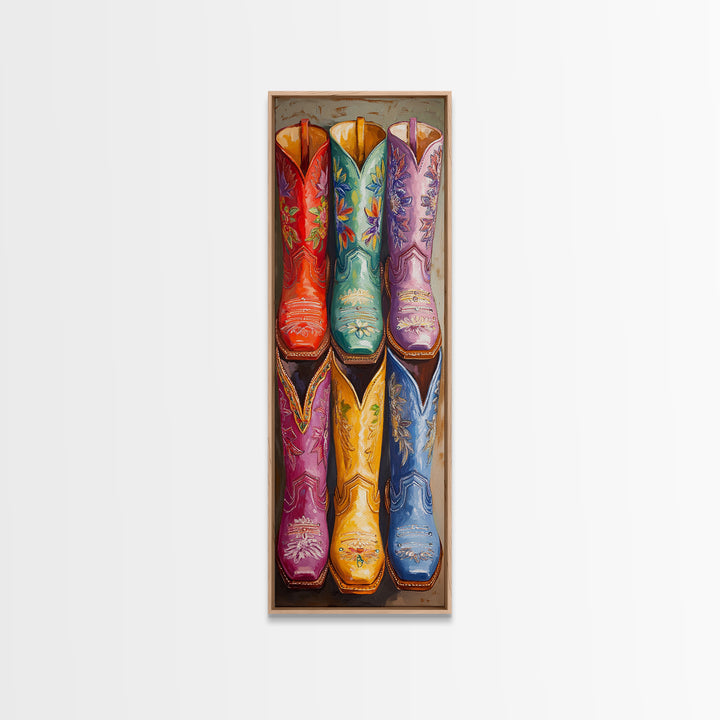 Bright Embroidered Western Boots Framed Canvas Print, Cowgirl Wall Art, Rodeo Decor, Boho Farmhouse Living Room Home Decor Gift