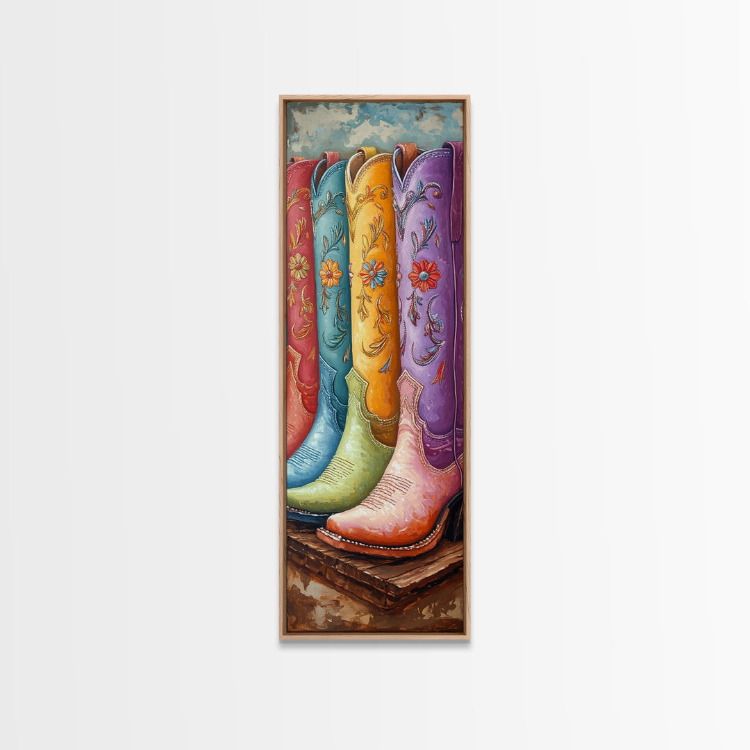 Bright Embroidered Cowboy Boots Painting, Western Canvas Print, Cowgirl Wall Decor, Boho Ranch Home Decor, Gift For Her, Art Print