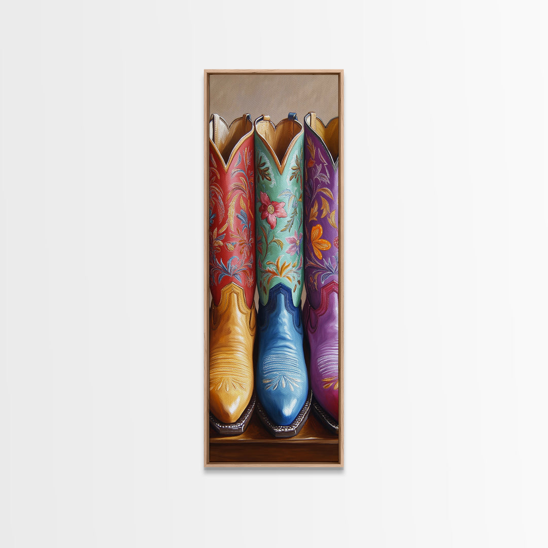 Red Aqua And Purple Floral Cowboy Boots Canvas Print, Western Cowgirl Wall Decor, Rustic Ranch Art, Living Room Home Decor