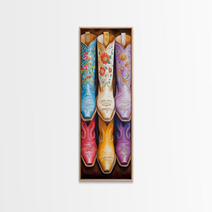 Blue White And Purple Floral Cowboy Boots Canvas Print, Western Cowgirl Wall Art, Rustic Ranch Decor, Living Room Housewarming Gift