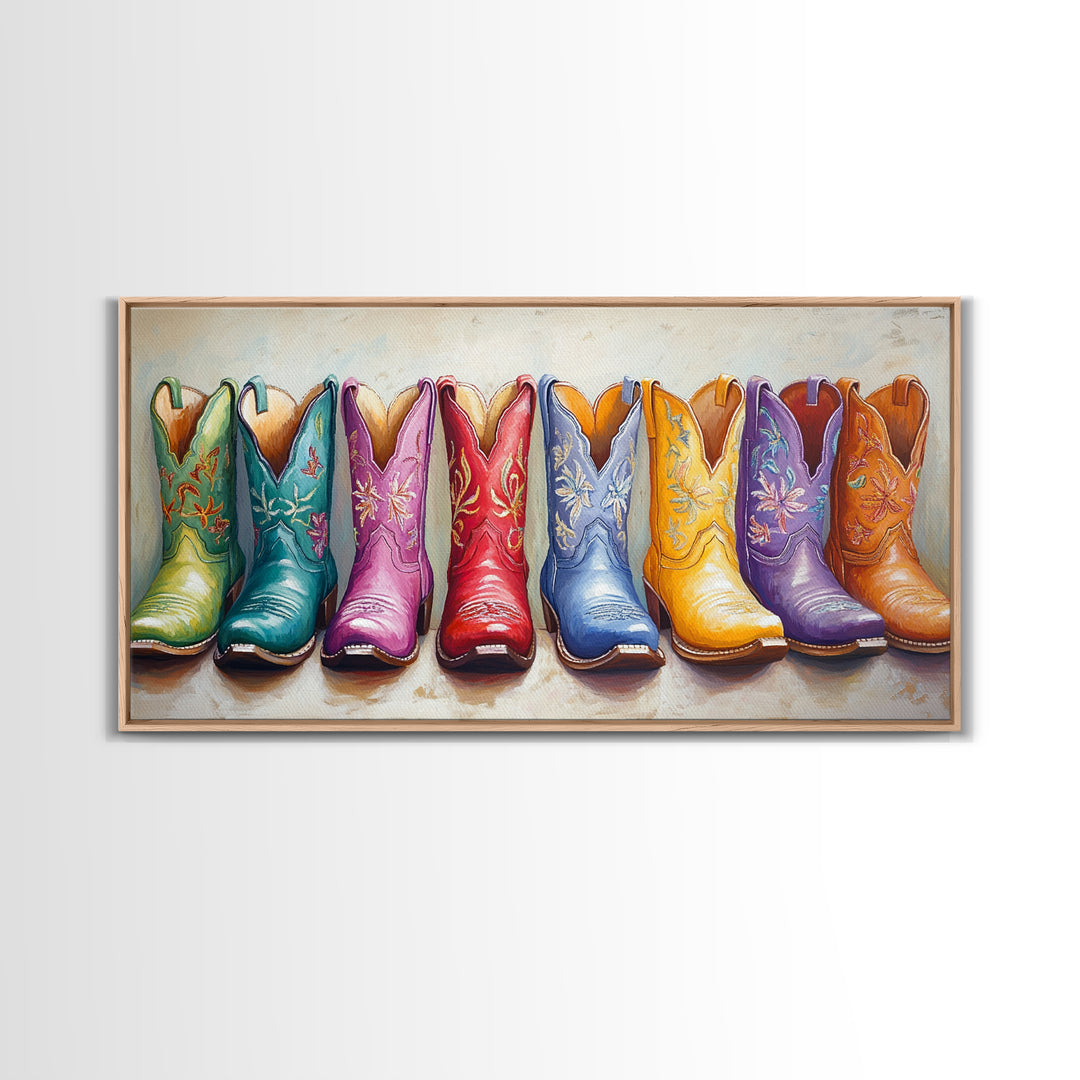 Bright Embroidered Cowboy Boots Wall Art, Western Cowgirl Canvas Print For Boho Bedroom Decor And Rustic Ranch Home Decor