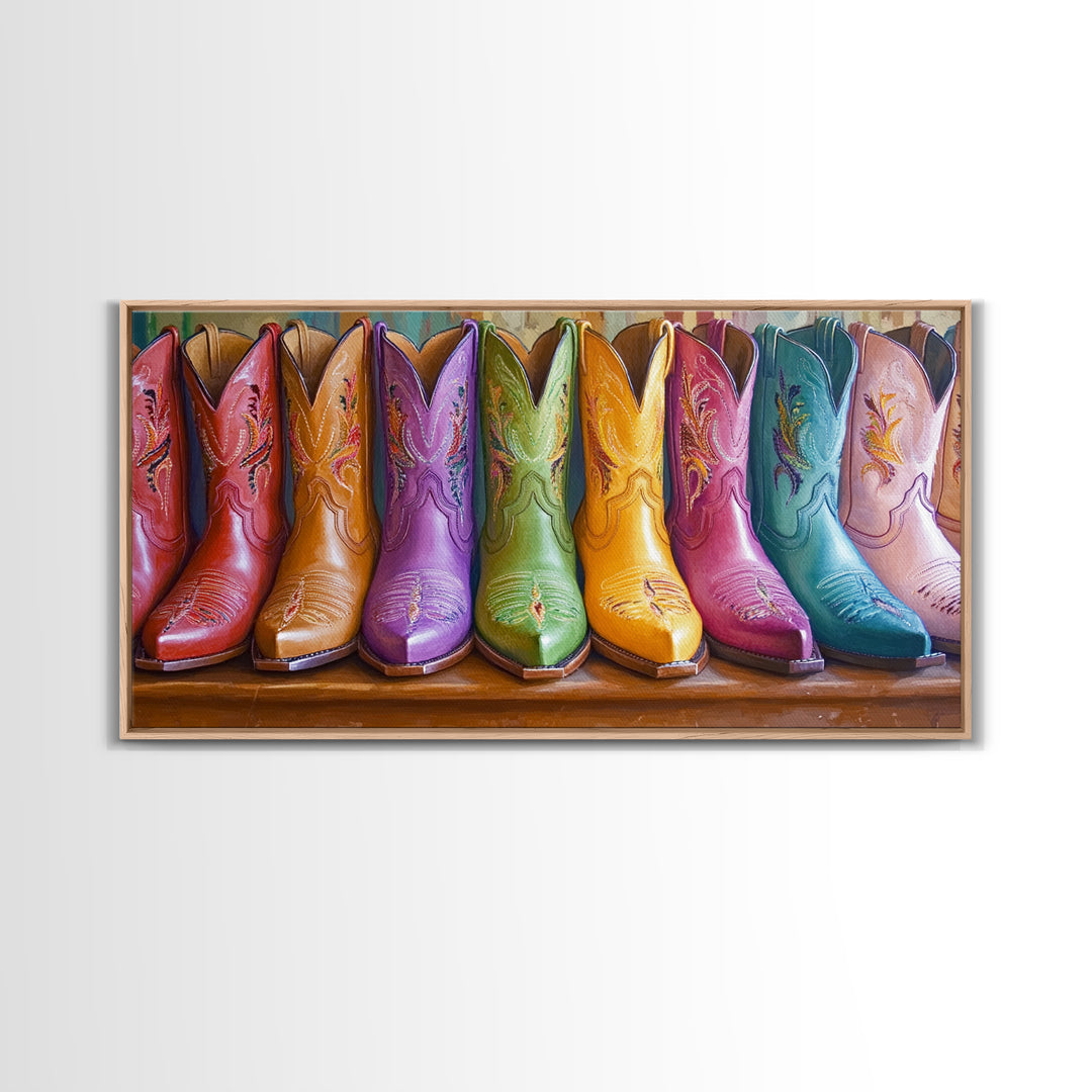 Bright Leather Cowgirl Boots With Floral Stitching Wall Art, Western Decor, Boho Wall Art Print, Rustic Farmhouse Gift For Her