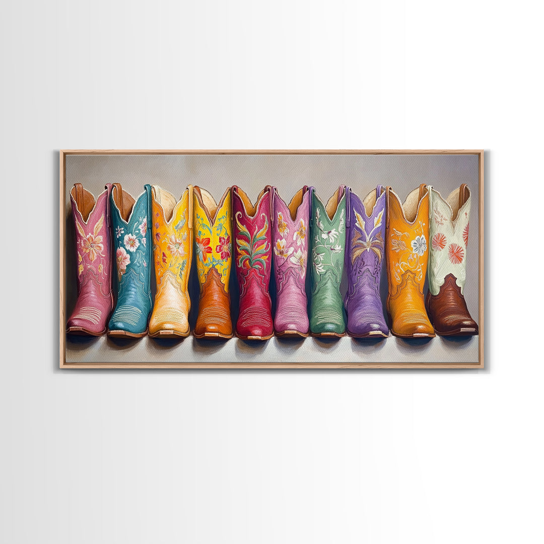 Floral Embroidered Western Boots Framed Canvas Print, Cowgirl Wall Art, Rodeo Room Decor, Rustic Ranch Gift, Boho Decor, Home Decor