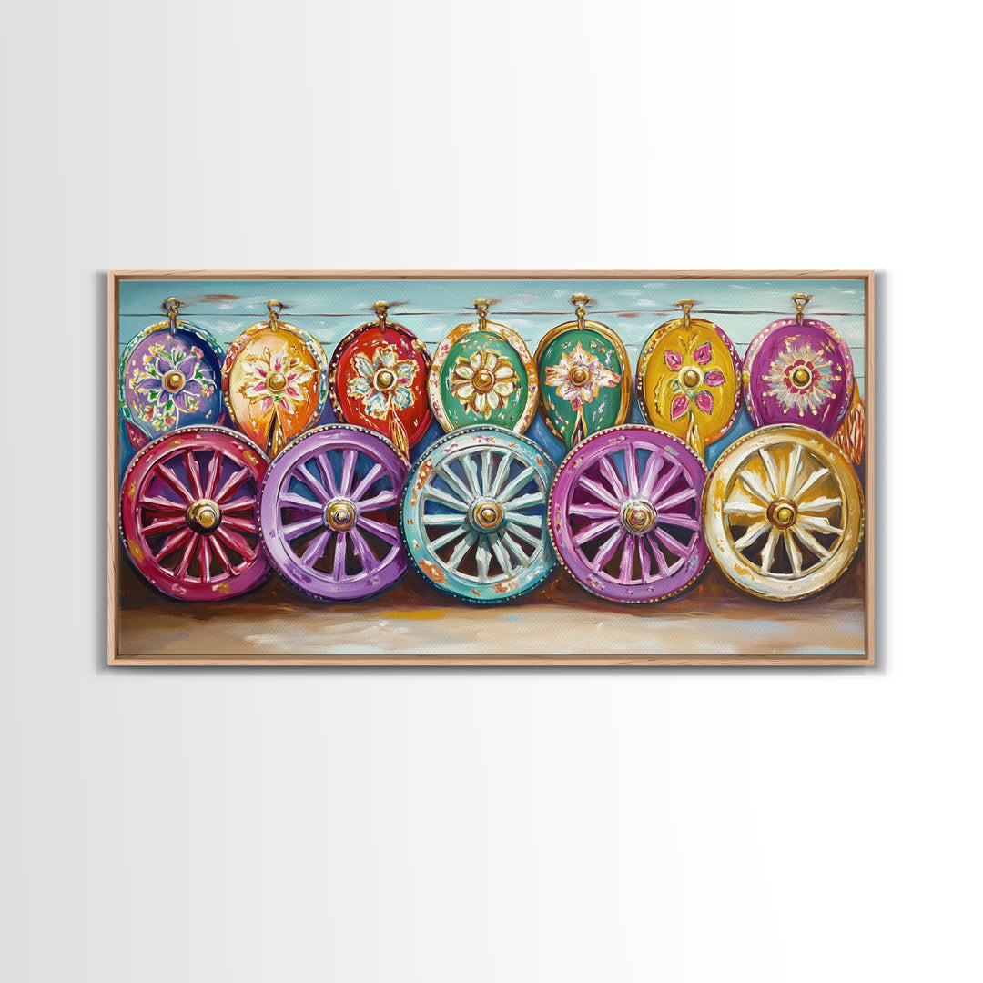 Ornate Painted Wagon Wheels Framed Canvas Print, Southwestern Wall Art, Ranch Decor, Cowgirl Room Decor, Rustic Gift, Home Decor