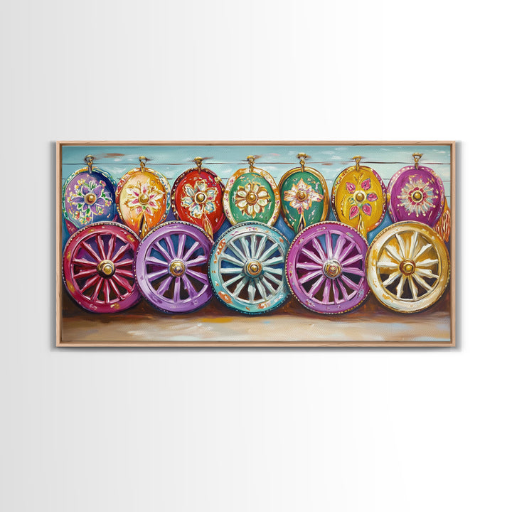 Ornate Painted Wagon Wheels Framed Canvas Print, Southwestern Wall Art, Ranch Decor, Cowgirl Room Decor, Rustic Gift, Home Decor