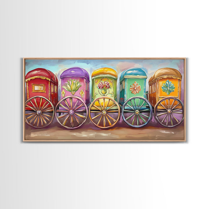 Vibrant Painted Traveling Wagons Wall Art, Western Canvas Print, Boho Ranch Decor, Colorful Nursery Art, Housewarming Gift