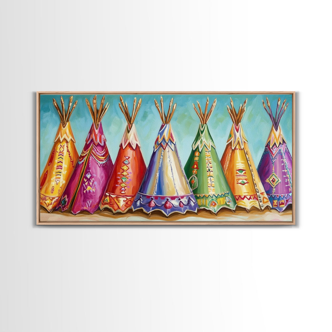 Colorful Painted Teepees Wall Art, Southwestern Nursery Decor, Native Inspired Western Canvas, Boho Kids Room Housewarming Gift