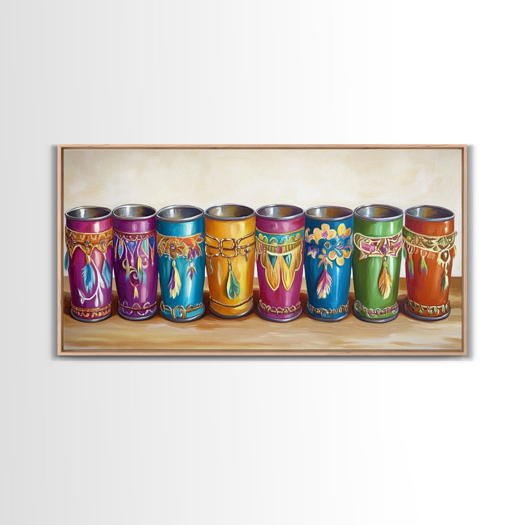 Boho Southwestern Painted Tin Cups Wall Art, Colorful Western Kitchen Decor, Rustic Ranch Canvas Art, Unique Housewarming Gift