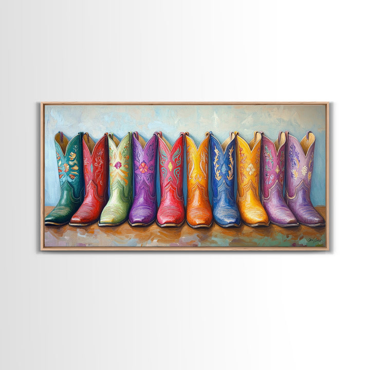 Colorful Row Of Western Cowgirl Boots Canvas Print, Embroidered Cowboy Wall Decor, Boho Ranch Living Room Housewarming Gift