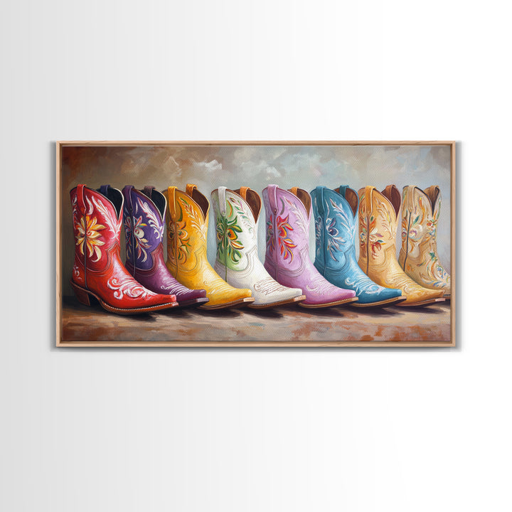 Glossy Colorful Cowgirl Boots Wall Art, Western Home Decor, Rustic Farmhouse Canvas Print, Statement Living Room Art Gift