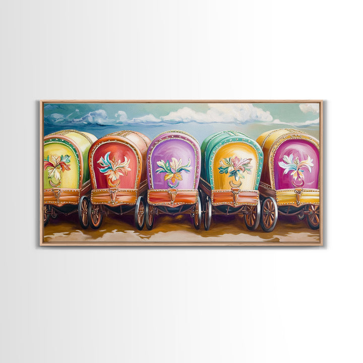 Colorful Painted Gypsy Wagon Framed Canvas Print, Western Wall Art, Boho Cowgirl Decor, Rustic Farmhouse Living Room Gift