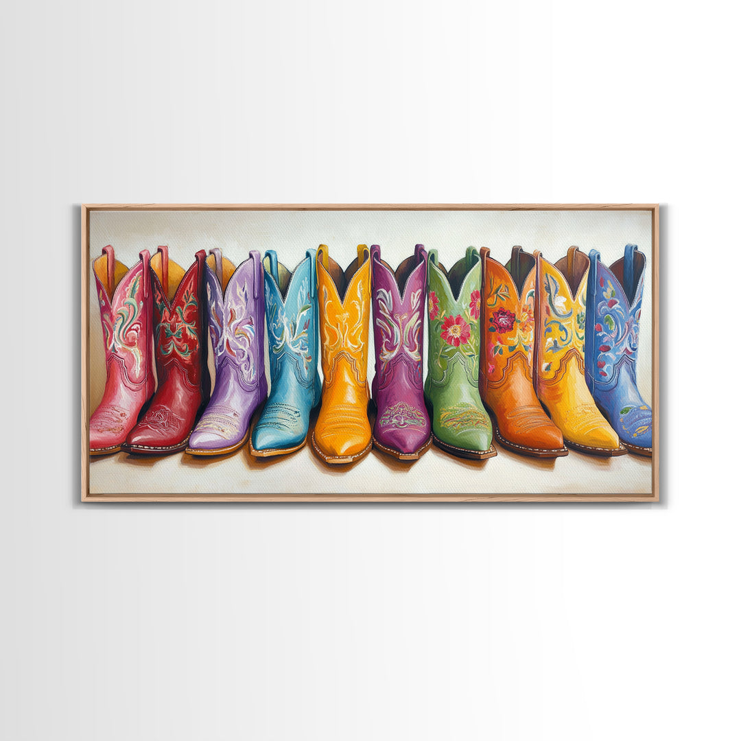 Vibrant Embroidered Cowboy Boots Wall Art, Western Cowgirl Decor, Rustic Farmhouse Canvas Print, Colorful Living Room Art