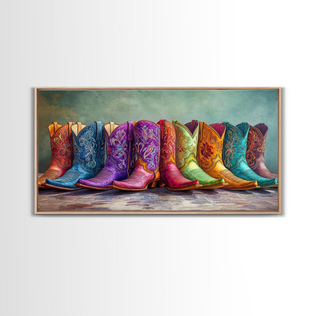 Bold Embroidered Cowboy Boots Canvas Print, Western Cowgirl Wall Art, Colorful Rustic Farmhouse Decor, Statement Living Room Art