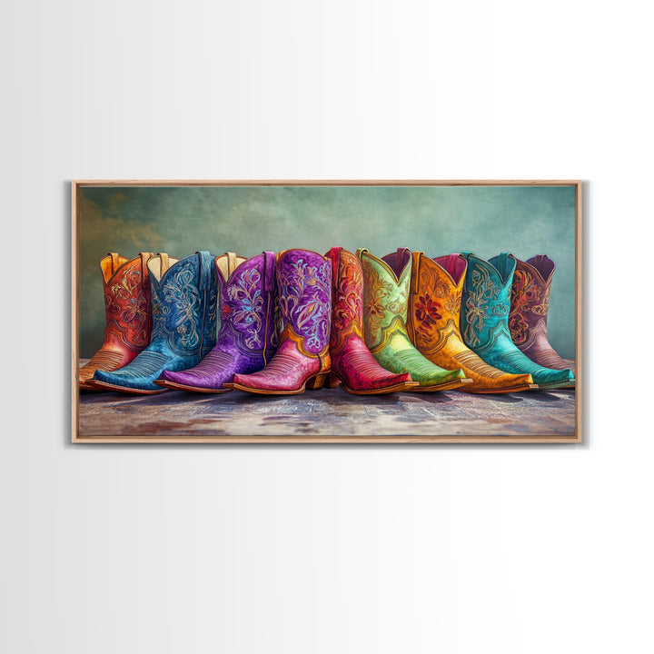 Bold Embroidered Cowboy Boots Canvas Print, Western Cowgirl Wall Art, Colorful Rustic Farmhouse Decor, Statement Living Room Art