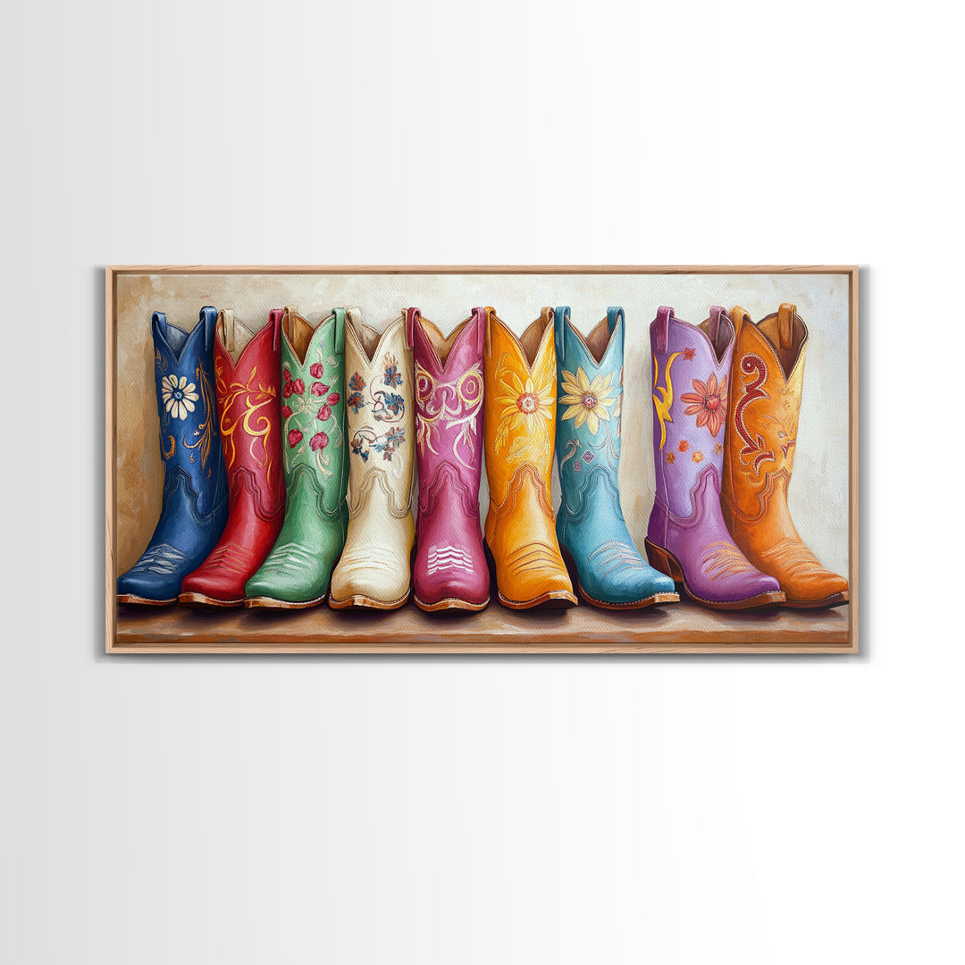 Vibrant Floral Cowgirl Boots In Blue Red Green And Orange Canvas Print, Western Wall Art, Boho Farmhouse Decor Gift For Her