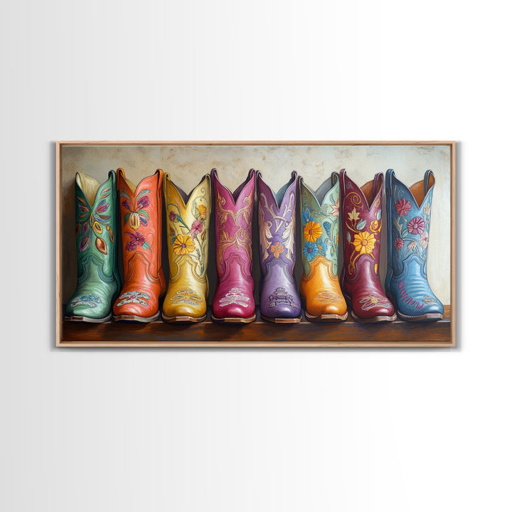 Pastel Floral Western Boots With Golden Embroidery Canvas Print, Cowgirl Wall Art, Boho Western Decor, Girls Room Decor Gift