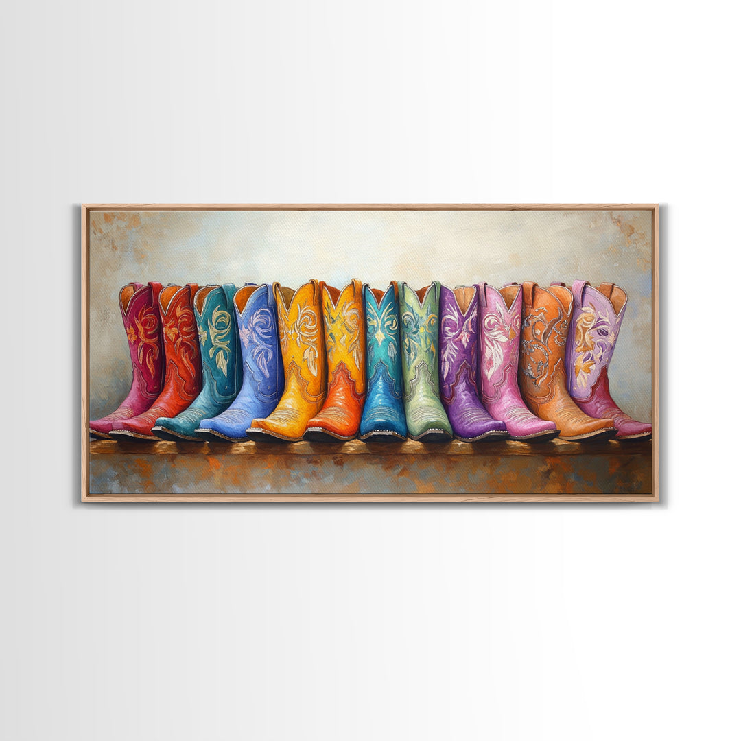 Boho Rainbow Western Boots On Rustic Ledge Framed Canvas Print, Cowgirl Wall Art, Colorful Wall Decor, Housewarming Gift