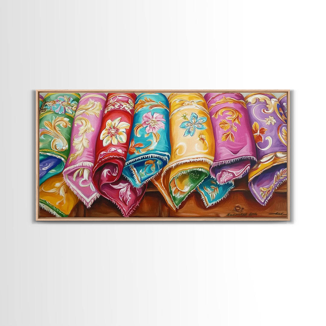 Rolled Embroidered Western Blankets Canvas Print, Colorful Cowgirl Wall Decor, Boho Ranch Living Room Art, Housewarming Gift