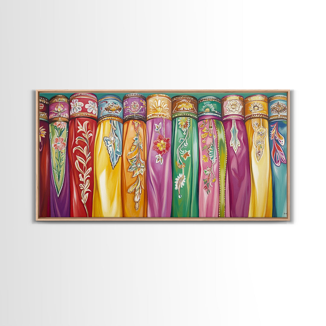 Vibrant Embroidered Textile Wall Art, Boho Western Scarf Canvas Print, Maximalist Decor, Cowgirl Home Decor For Living Room