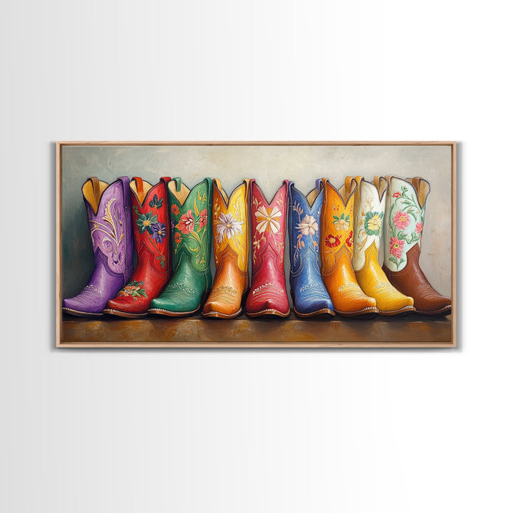 Bright Embroidered Western Boots Framed Canvas Print, Cowgirl Wall Art, Rustic Ranch Decor, Colorful Country Housewarming Gift