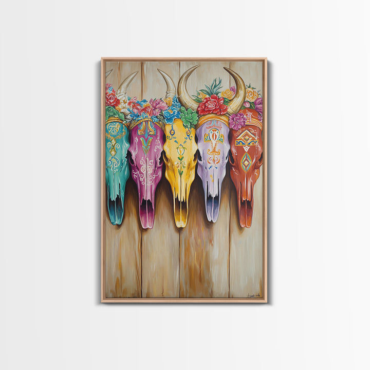 Floral Painted Longhorn Skulls Framed Canvas Print, Western Wall Art, Southwestern Decor, Cowgirl Ranch Home Decor Gift Idea