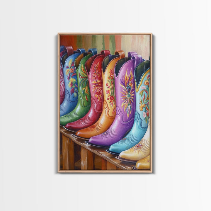 Bright Embroidered Cowboy Boots Wall Art, Western Cowgirl Canvas Print, Colorful Living Room Decor, Rustic Bedroom Wall Art