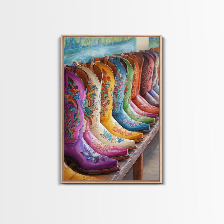 Row Of Painted Floral Cowgirl Boots Framed Canvas Print, Western Wall Art, Southwestern Home Decor, Housewarming Gift For Her