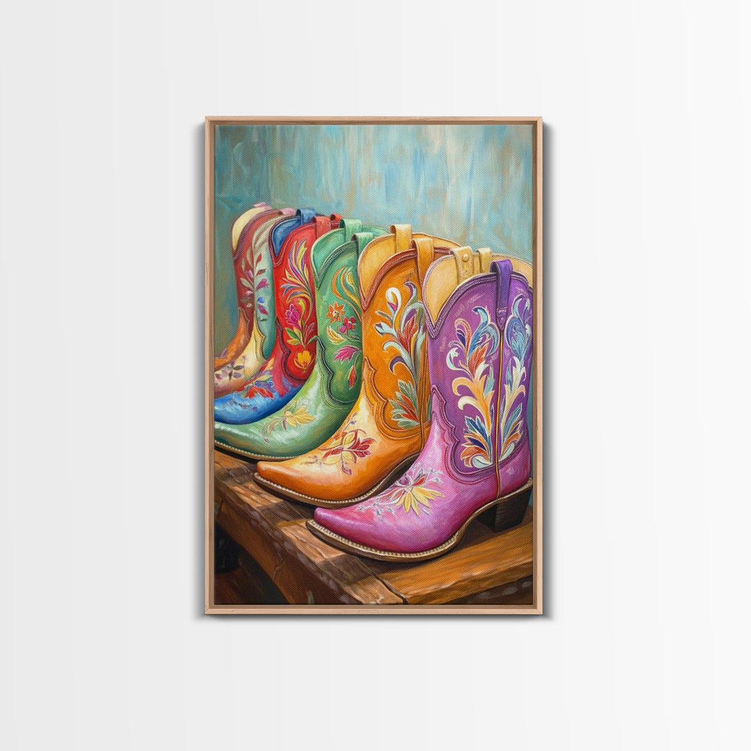 Pink Purple And Orange Cowboy Boots Framed Canvas Print, Western Cowgirl Wall Art, Floral Ranch Decor, Gift For Her Home Decor