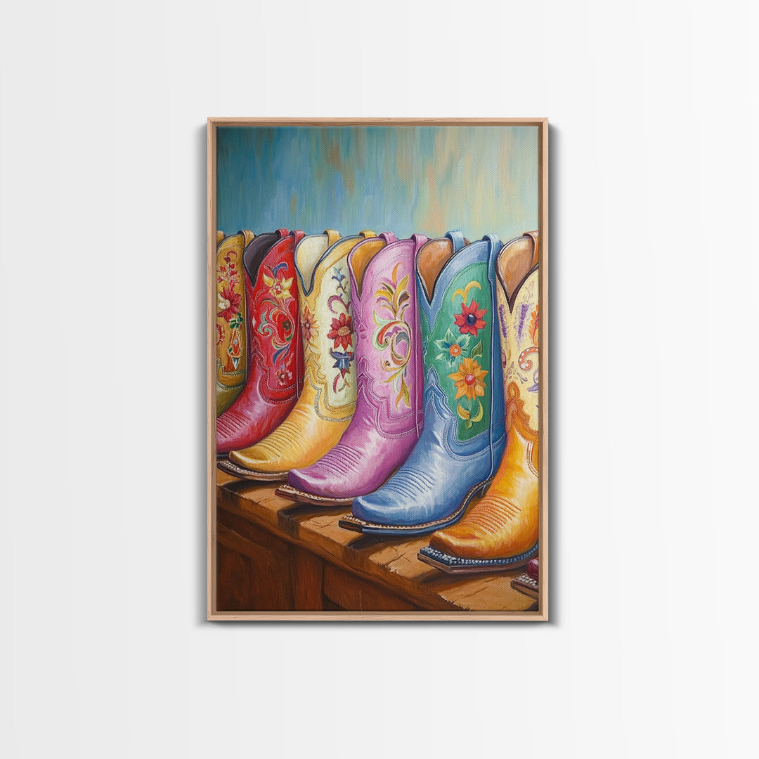Pastel Blue Pink And Red Cowboy Boots Wall Art, Floral Western Decor, Cowgirl Ranch Canvas Art Print, Living Room Decor Gift