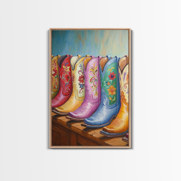 Pastel Blue Pink And Red Cowboy Boots Wall Art, Floral Western Decor, Cowgirl Ranch Canvas Art Print, Living Room Decor Gift