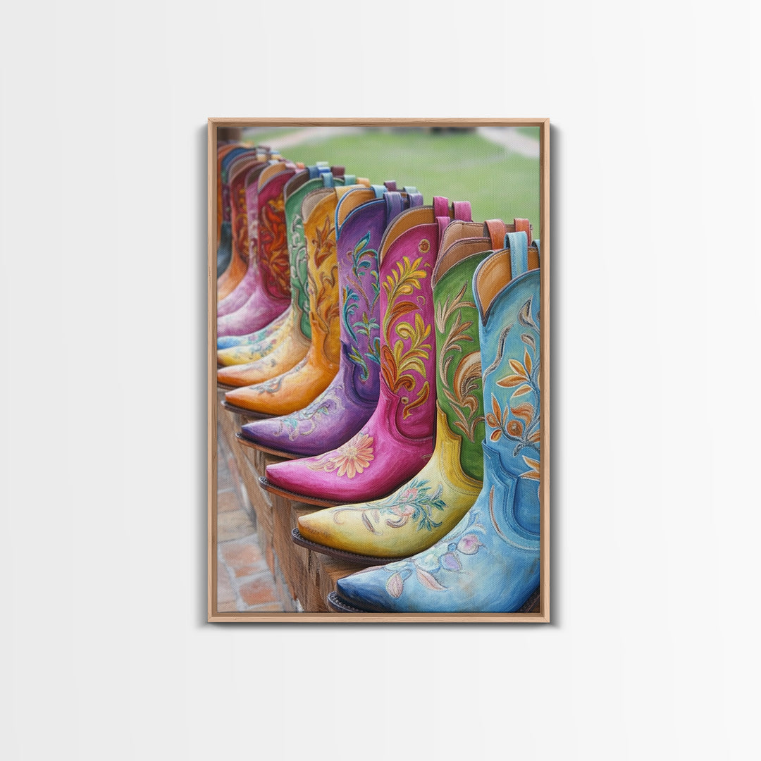 Outdoor Row Of Turquoise Pink And Green Cowboy Boots Canvas Print, Western Wall Art, Cowgirl Decor, Rustic Home Decor, Gift For Her