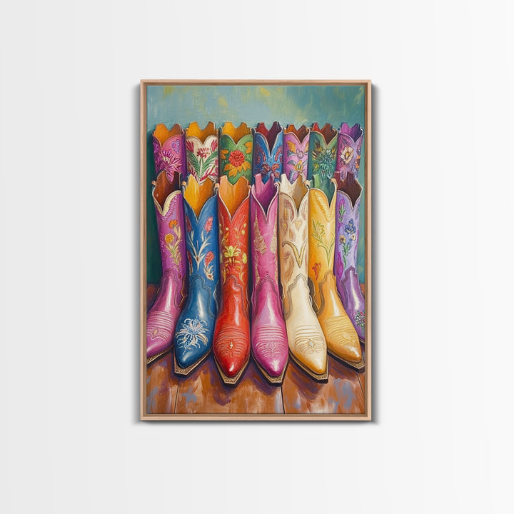 Front Facing Pink Blue Red And Cream Cowgirl Boots Framed Canvas Print, Western Wall Art, Maximalist Decor, Gift For Her