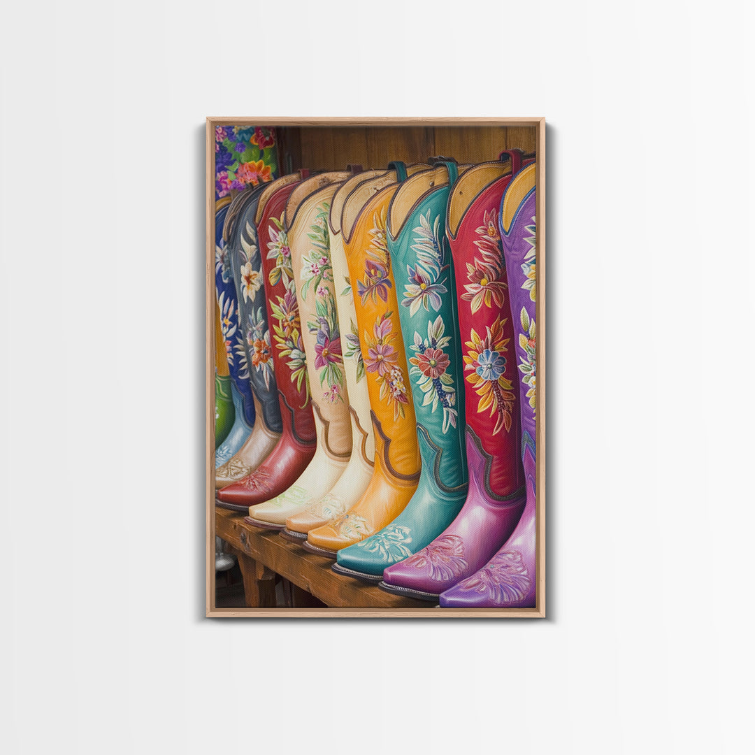 Embroidered Floral Cowboy Boots Canvas Print, Western Wall Art, Cowgirl Decor, Rustic Home Decor, Housewarming Gift, Living Room Decor