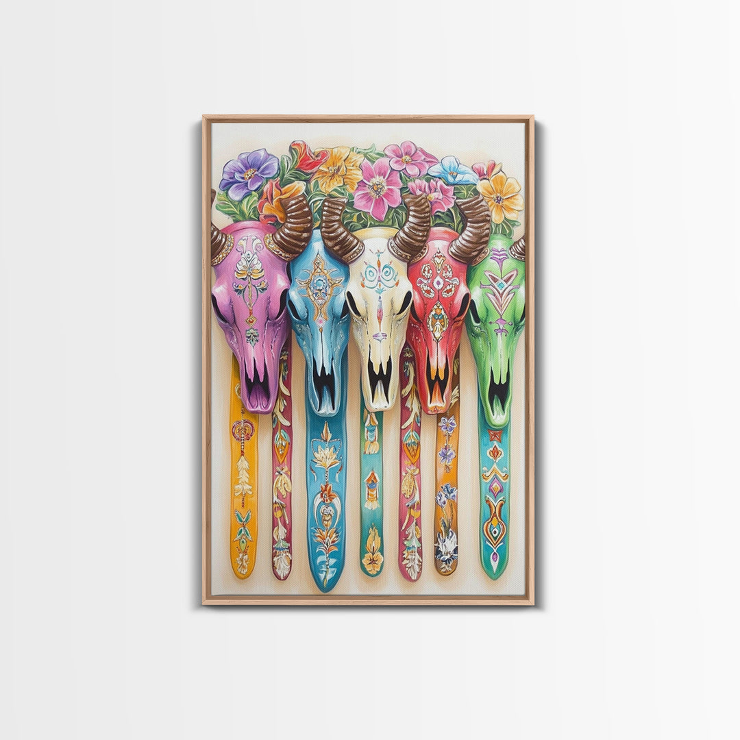 Floral Painted Cow Skulls Canvas Print, Western Wall Art, Southwestern Decor, Cowgirl Art, Boho Wall Decor, Gift For Her
