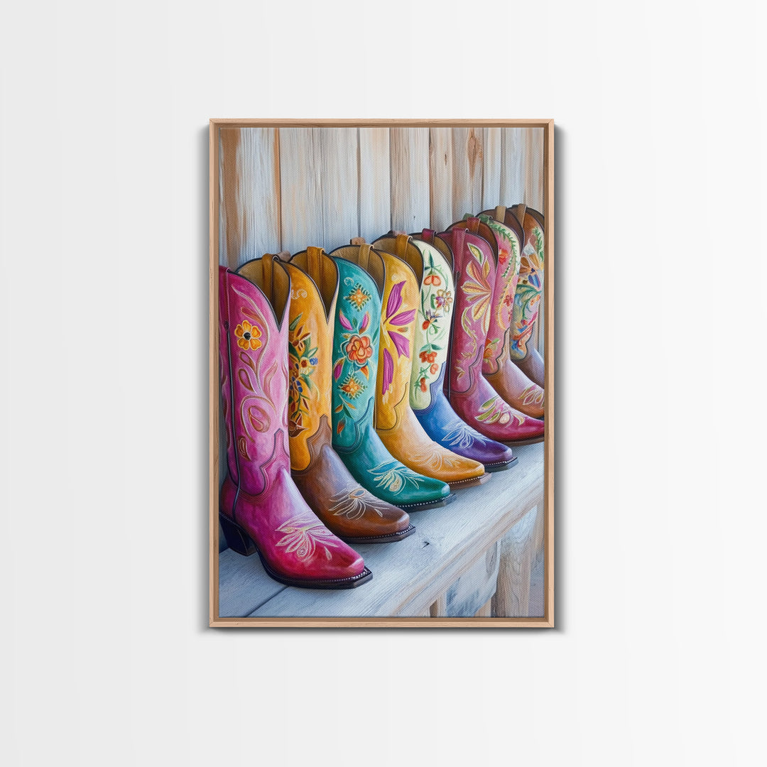 Rustic Row Of Painted Cowgirl Boots Wall Art, Western Floral Canvas Print, Southwestern Ranch Decor, Housewarming Gift For Her