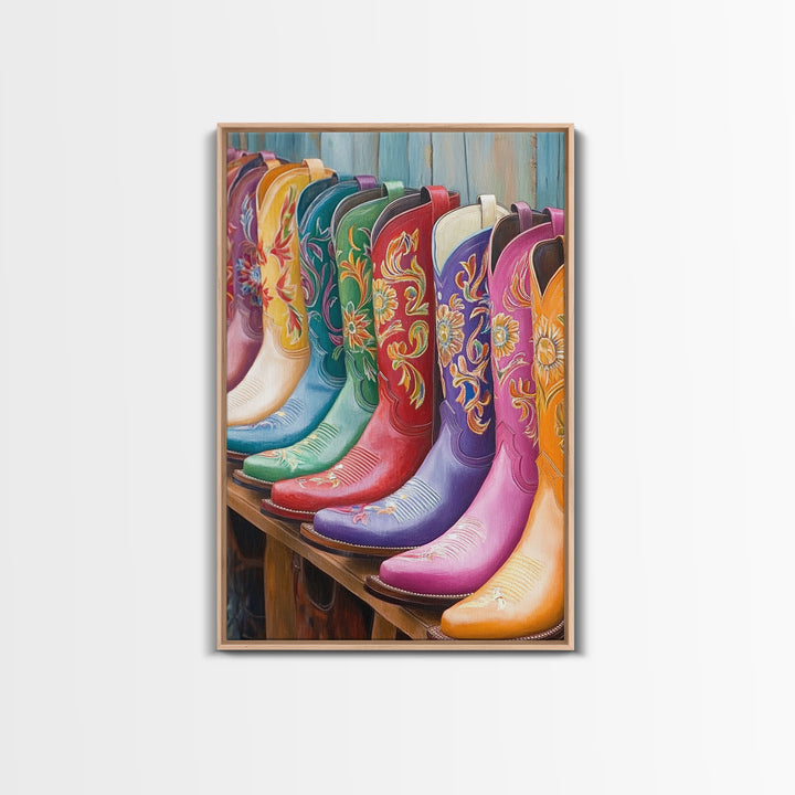 Bright Floral Cowboy Boots Wall Art, Western Boot Print, Cowgirl Room Decor, Rustic Farmhouse Canvas Wall Art, Housewarming Gift