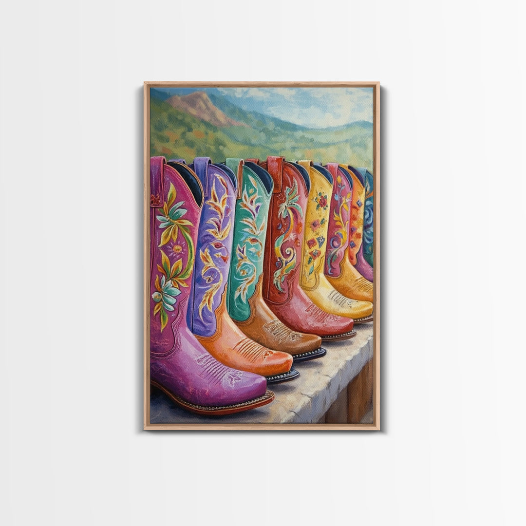 Floral Cowboy Boots With Mountain View Wall Art, Western Landscape Painting, Cowgirl Decor, Rustic Farmhouse Canvas Print