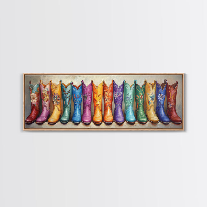 Rainbow Embroidered Cowboy Boots Wall Art, Western Decor, Cowgirl Gift, Rustic Farmhouse Decor, Long Horizontal Art Print