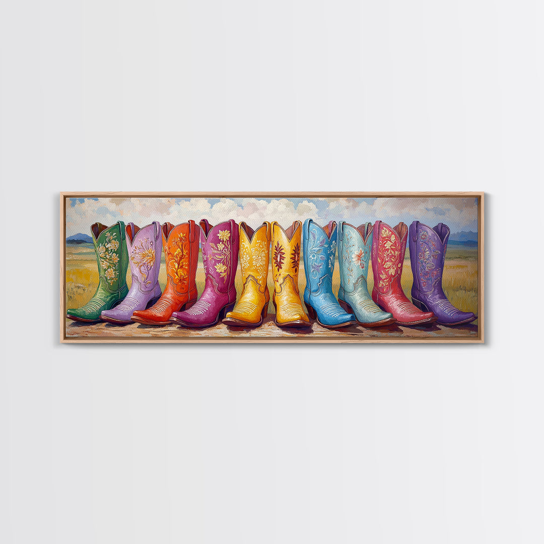 Colorful Cowboy Boots In Prairie Landscape Wall Art, Western Cowgirl Decor, Rustic Farmhouse Canvas Print, Above Sofa Art