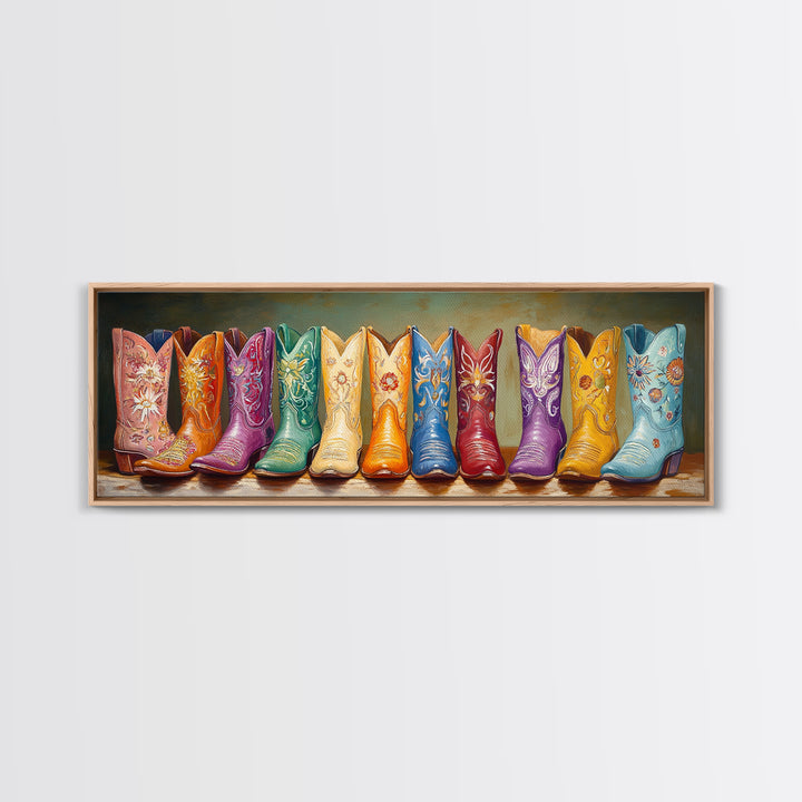 Vibrant Embroidered Cowboy Boots Wall Art, Western Cowgirl Decor, Maximalist Canvas Print, Rustic Rodeo Living Room Decor