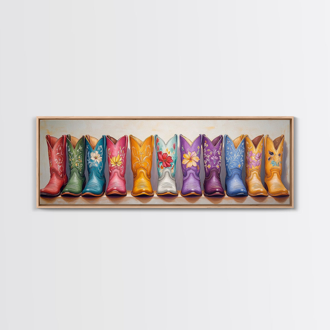 Bright Floral Cowboy Boots Painting Wall Art, Western Home Decor, Cowgirl Wall Decor, Rustic Bedroom Decor, Framed Canvas Print