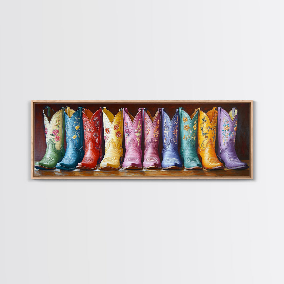 Tall Embroidered Cowboy Boots Framed Canvas Print, Colorful Western Wall Decor, Rustic Ranch Art, Boho Cowgirl Gift, Living Room Art
