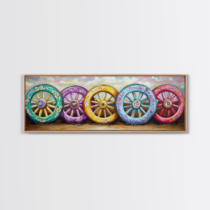 Painted Wagon Wheels Framed Canvas Print, Colorful Western Wall Decor, Rustic Ranch Art, Farmhouse Living Room Gift, Housewarming Gift