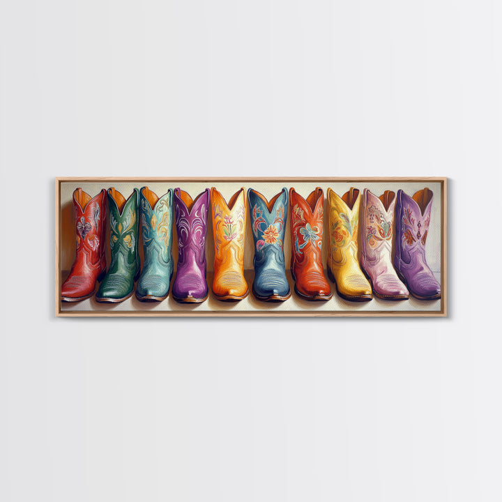 Colorful Embroidered Cowboy Boots Wall Art, Western Cowgirl Decor, Rustic Farmhouse Canvas, Vibrant Entryway Art Print Gift