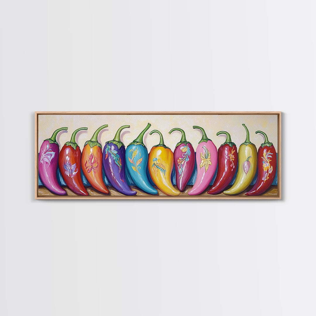 Bright Rainbow Chili Peppers Wall Art, Colorful Kitchen Decor, Southwestern Food Print, Dopamine Dining Room Canvas Gift