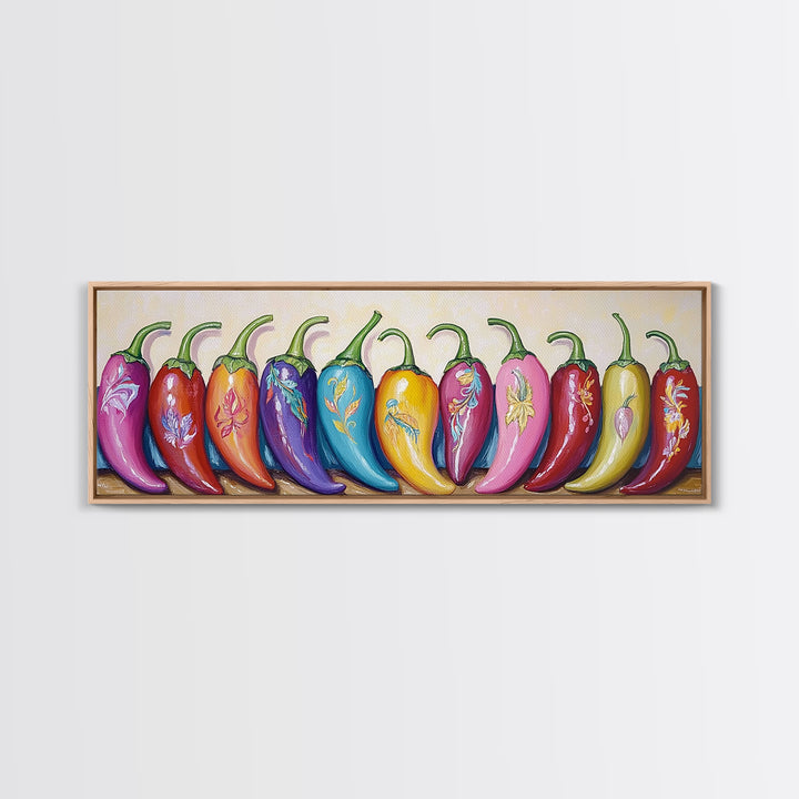 Bright Rainbow Chili Peppers Wall Art, Colorful Kitchen Decor, Southwestern Food Print, Dopamine Dining Room Canvas Gift