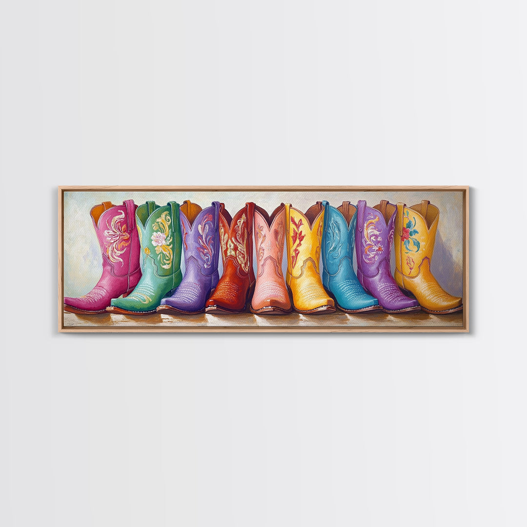 Pastel Floral Cowboy Boots Framed Canvas Print, Western Wall Art, Cowgirl Nursery Decor, Boho Bedroom Wall Decor Gift For Her