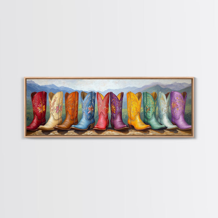 Cowboy Boots With Mountain Landscape Canvas Print, Western Wall Art, Colorful Cowgirl Decor, Rustic Cabin Housewarming Gift