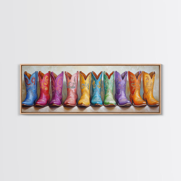 Bright Embroidered Cowboy Boots Canvas Print, Western Wall Art, Cowgirl Home Decor, Colorful Boho Bedroom Housewarming Gift