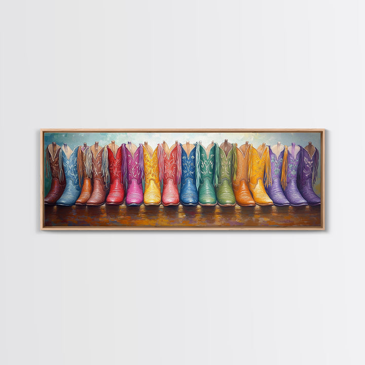 Panoramic Rainbow Cowboy Boots Wall Art, Long Horizontal Canvas Print For Western Decor, Cowgirl Ranch Home Accent Gift Idea